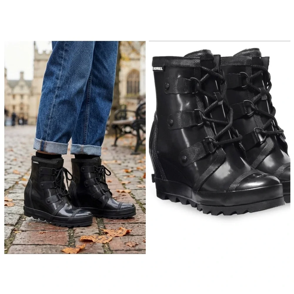 Sorel Joan Rain Wedge Boots Womens Size 7 Black Gloss Glossy Gorpcore Outdoorsy‎